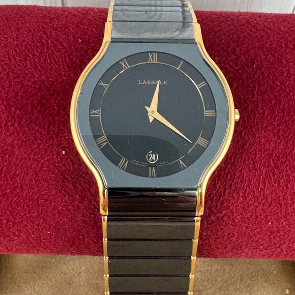 Vintage LassaleLuxury Watch Gun Metal Black on Gold, Roman Numeral Bezel - Picture 2 of 11
